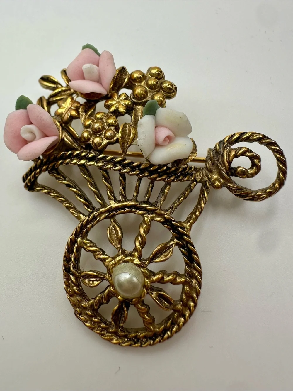 1950s Gold Floral Cart Brooch with Pink Porcelain Roses and faux Pearl